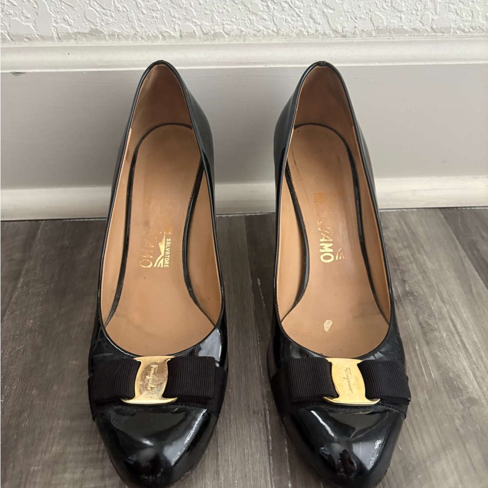 Salvatore Ferragamo Black Patent Leather Heels with Gold Accent